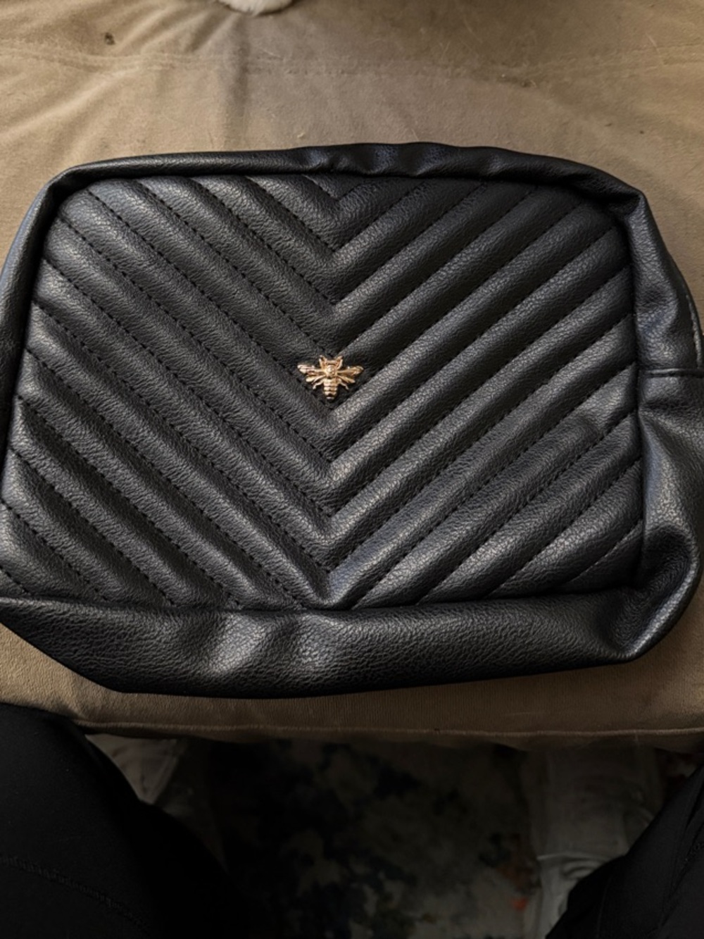Black Quilted Women’s Makeup Bag with Gold Bee Accent